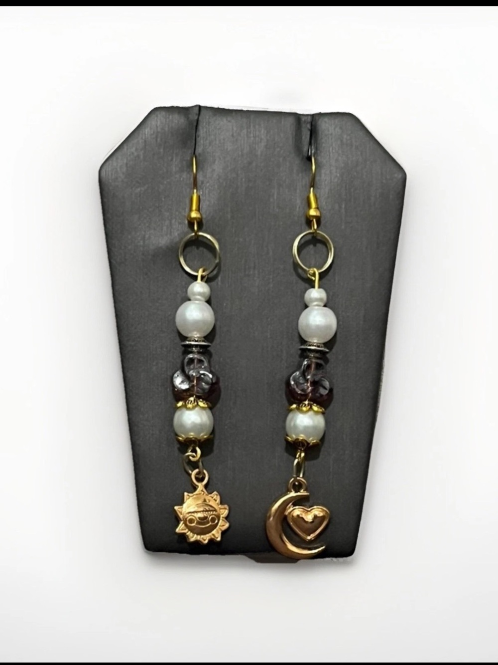 Celestial Sun and Moon Dangle Earrings Gold White Mismatched Boho Bead Drop